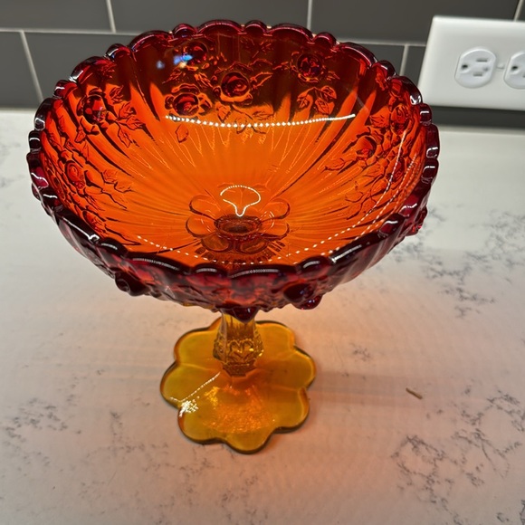Vintage Fenton Amberina Cabbage Rose Pedestal Compote Candy Dish GLOWS - Picture 10 of 10